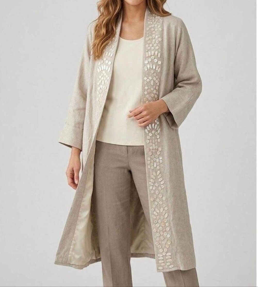 Soft Surroundings Women's Linen Blend Embellished Duster Cardigan Tan M NWOT